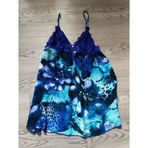 Linea Donatella Blue Floral Leopard Print Lace Trim Chemise Nightgown Medium